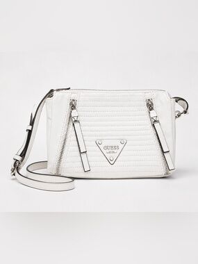 GUESS White Quilted Crossbody with Silver Accents